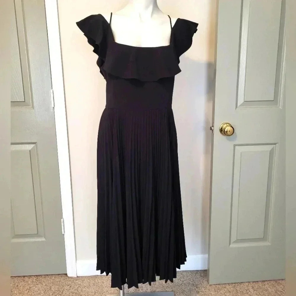 H by Halston Pleated Flutter Sleeves  Straps Black Midi Dress(10)